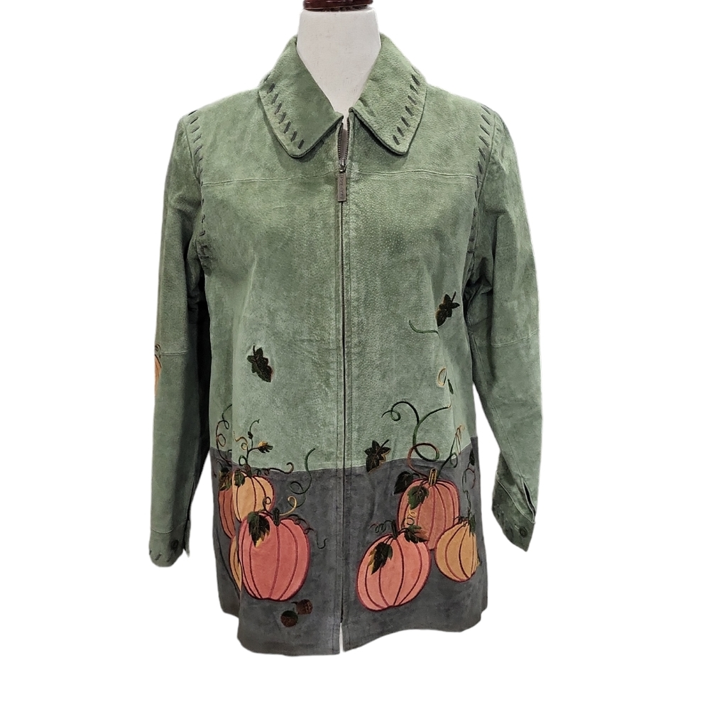 NWOT leather Quacker Factory Women's Leather Jacket Green Pumpkin Fall M Thanksg